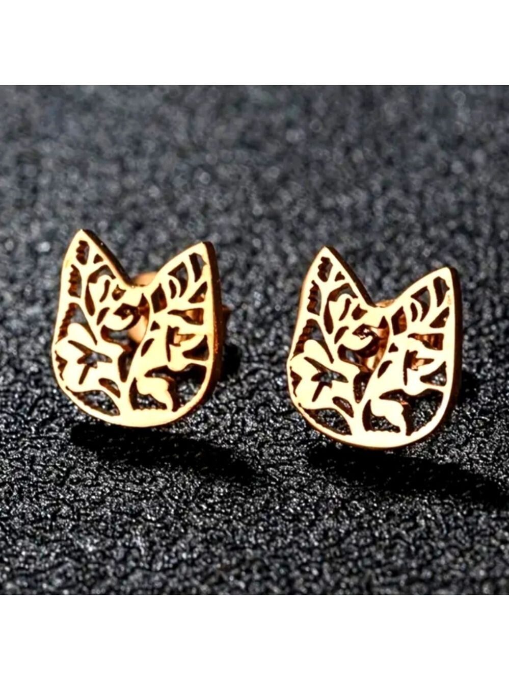 STAINLESS  Steel Floral Cat Stud Earrings Rose Gold